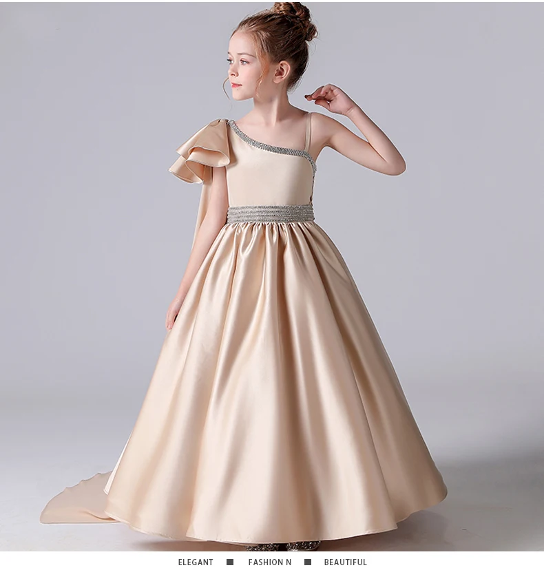 Dideyttawl Champagne Satin Ball Gown Flower Girl Dresses One Shoulder Girl Princess Wedding Party Dress