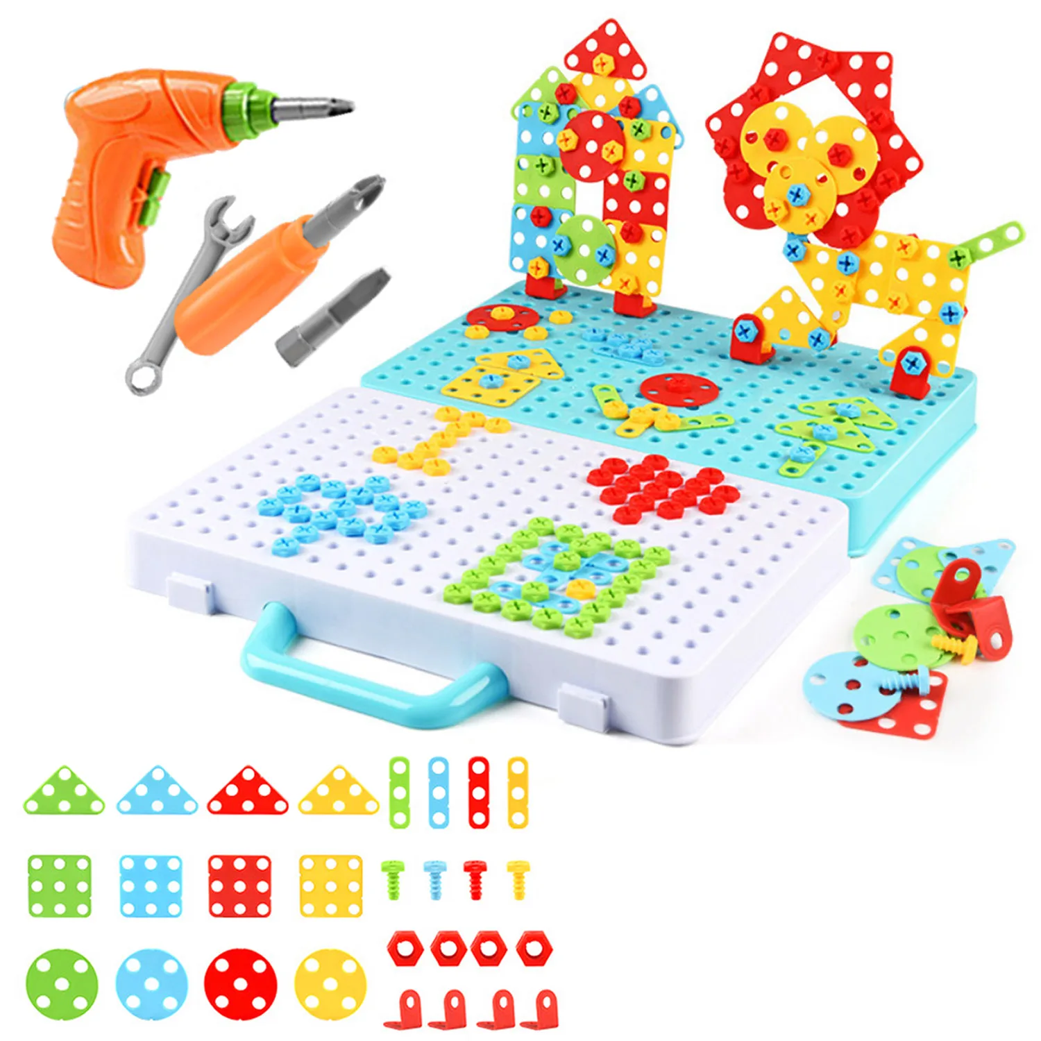 Besegad 470PCS 2D 3D Electric Drill Puzzle Pegboard Building Blocks Game Educational Toys for Kids Birthday Christmas Gift