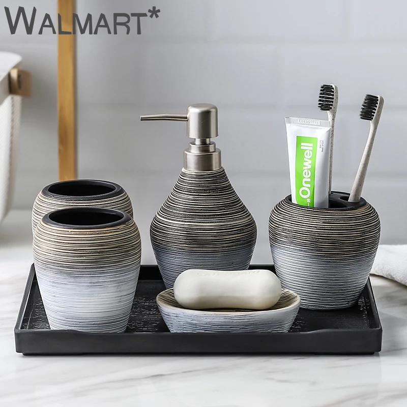 

Handmade Ceramic Bathroom Accessories Storage Bathroom Set Toothbrush Holder Soap Dispenser Emulsion Bottle Mouthwash Cup Retro