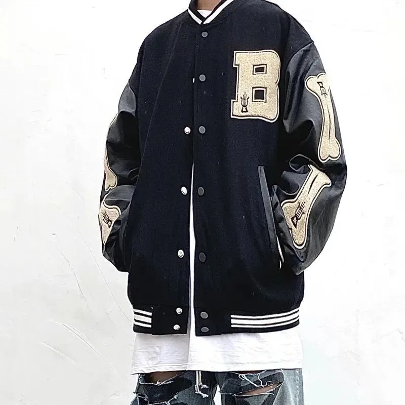 Vintage Bone Varsity Jacket Men Leather Sleeve Plush Letterman Women\'s Bomber Jacket Hip Hop Coat Baseball Oversize Green Purple