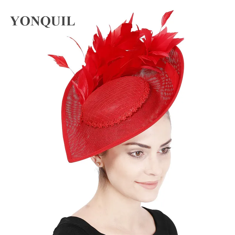 

Red Fascinators Hats Vintage Headpiece Women Big Derby Headband Ladies Wedding Headwear Bride Occasion Hair Accessories