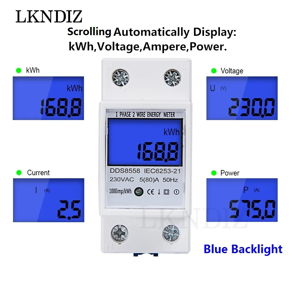 الدين السكك الحديدية مقياس الطاقة الكهربائية 5(80) أ 50/60Hz 110 فولت/220/230 فولت كيلو واط ساعة متر شاشة الكريستال السائل الرقمية مرحلة واحدة كيلو واط ساعة عداد