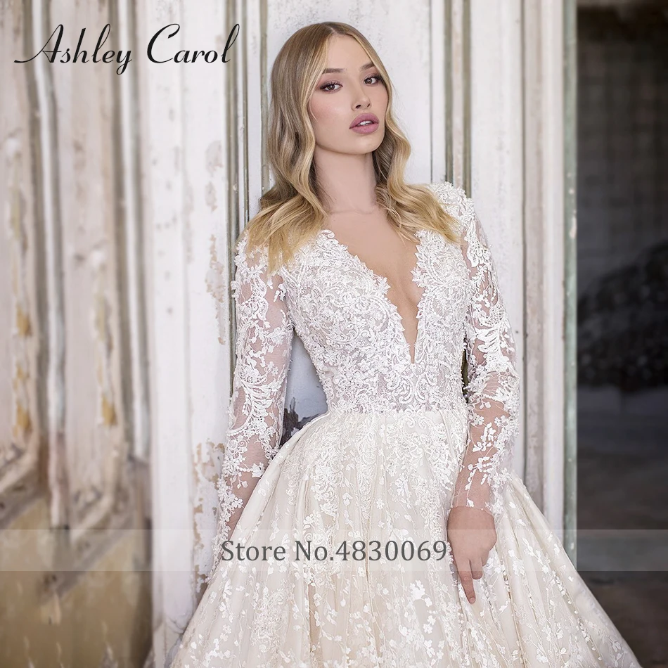 Ashley Carol Elegantes Vestidos De Casamento Para As Mulheres 2023 Manga Longa Frisada Apliques V-Neck Princesa Vestido De Casamento Vestidos De Novia