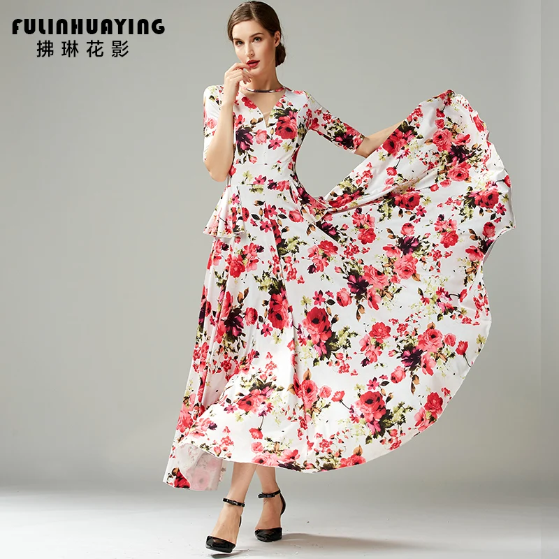 Druck Frauen Elegante Halbarm Schaukel Ballroom Dance Kleid Für Tanzen Walzer Kleid Tango Dance Kostüme Flamenco Kleid