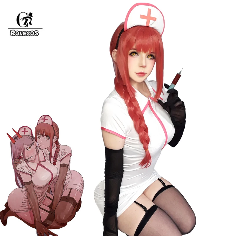 ROLECOS Chainsaw Man Makima Cosplay Costume Makima Power Cosplay Costume Women Nurse Uniform Dress Halloween Hat Full Set