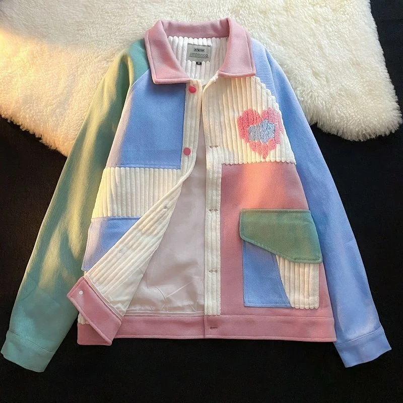 Bomber Jacket Women Baseball Uniform Design Colorful Casual Loose Autumn Corduroy Coat Harajuku Streetwear Vintage Clothing