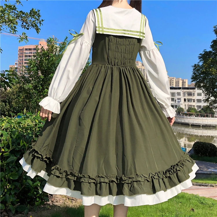 Robe lolita à lacets pour femme, vêtement à volants, taille haute, mode japonaise, col de marin, manches lanterne, kawaii, automne