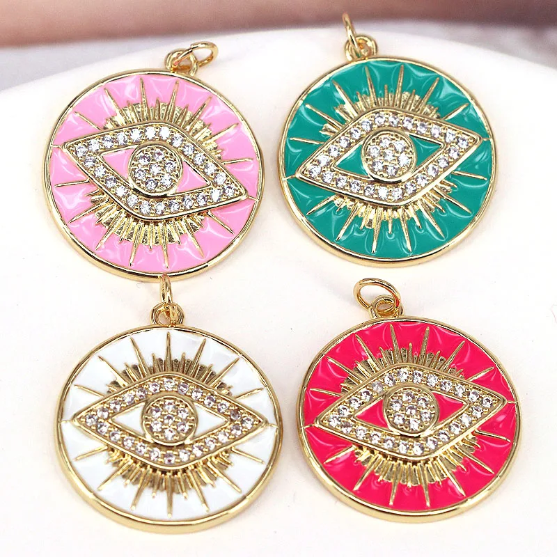 

10Pcs Gold Plated Evil Eye Pendant, Micro Pave CZ Zircon Enamel Round-Shaped Evil Eye Necklace, DIY Jewelry Accessories