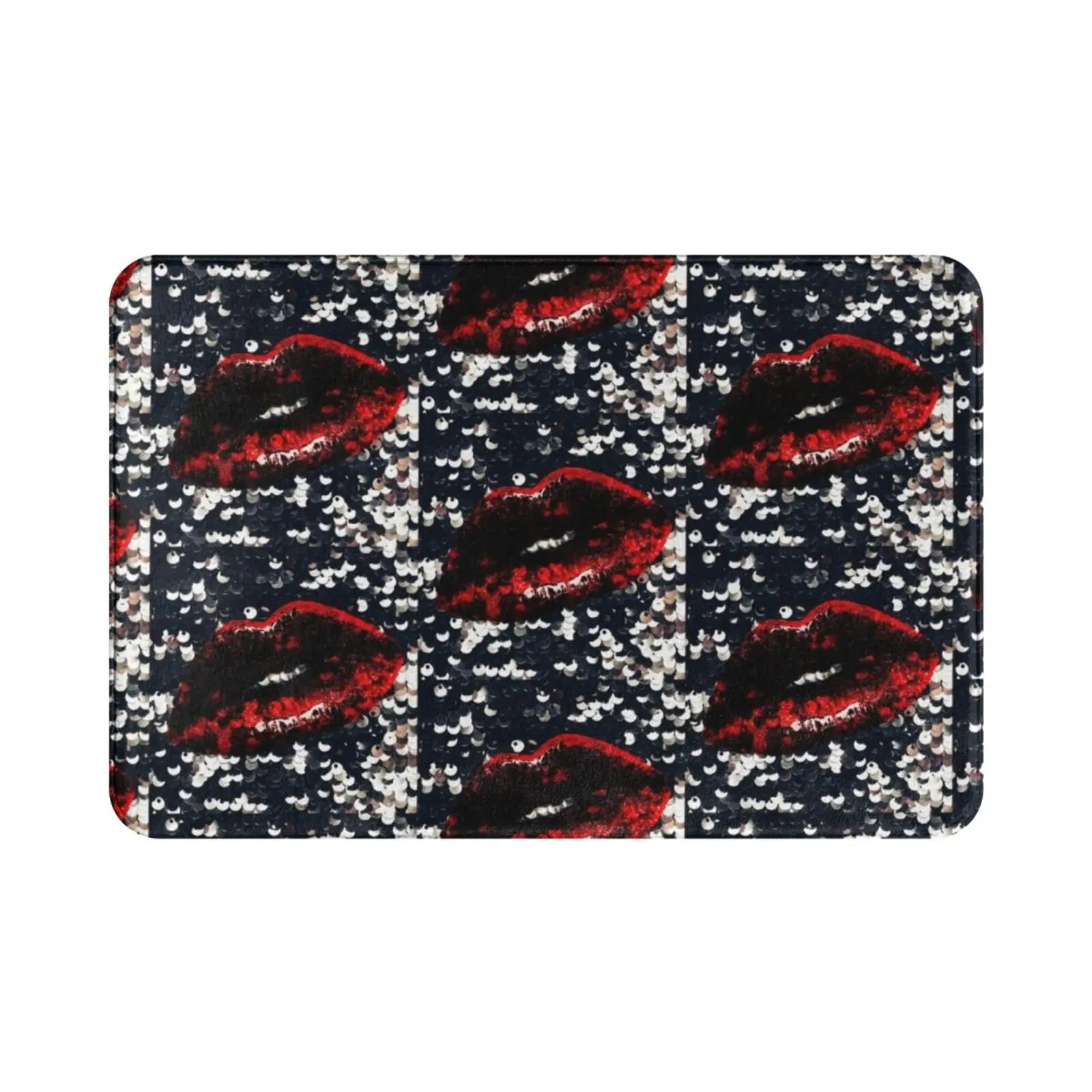 Red Lips And Sequins Carpet Mat Rug Cushion Soft Red Lips Lips Sequins Black Silver Glam Glam Rock Red Lipstick Night