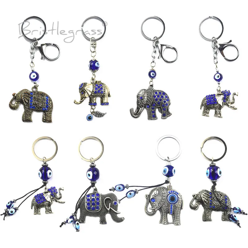 BRISTLEGRASS Turkish Blue Evil Eye Rhinestone Elephants Keychain Key Chain Ring Holder Amulets Lucky Charm Blessing Pendant Gift