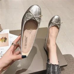 Women Ballet Flat Shoes Round Toe Bow Silver Gold Flats Bowknot Slip on Loafers Lazy Casual Shoes Plus Large Size 41 Waterproof