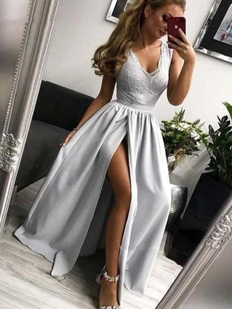 

V Neck Floor Length Prom Dresses A Line V Back Sleeveless Lace Satin Split Evening Formal Party Dress Vestido De Fiesta