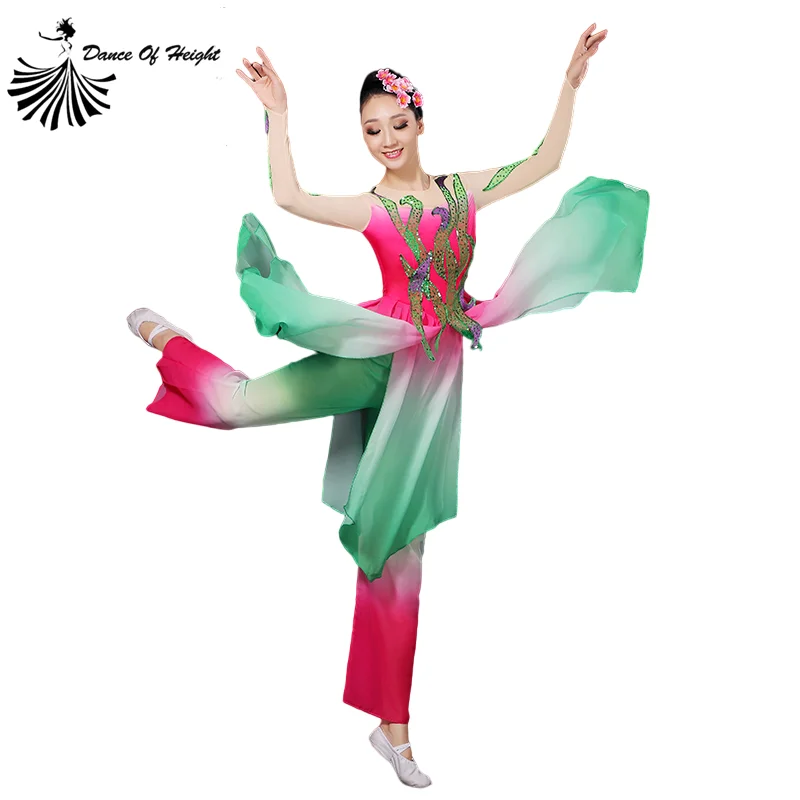 Classical Dance Costume Women 2 Piece Set Chinese Style Modern Fairy Fan Dance Costume Yangko Suit Green Dress Pink Pant 3XL