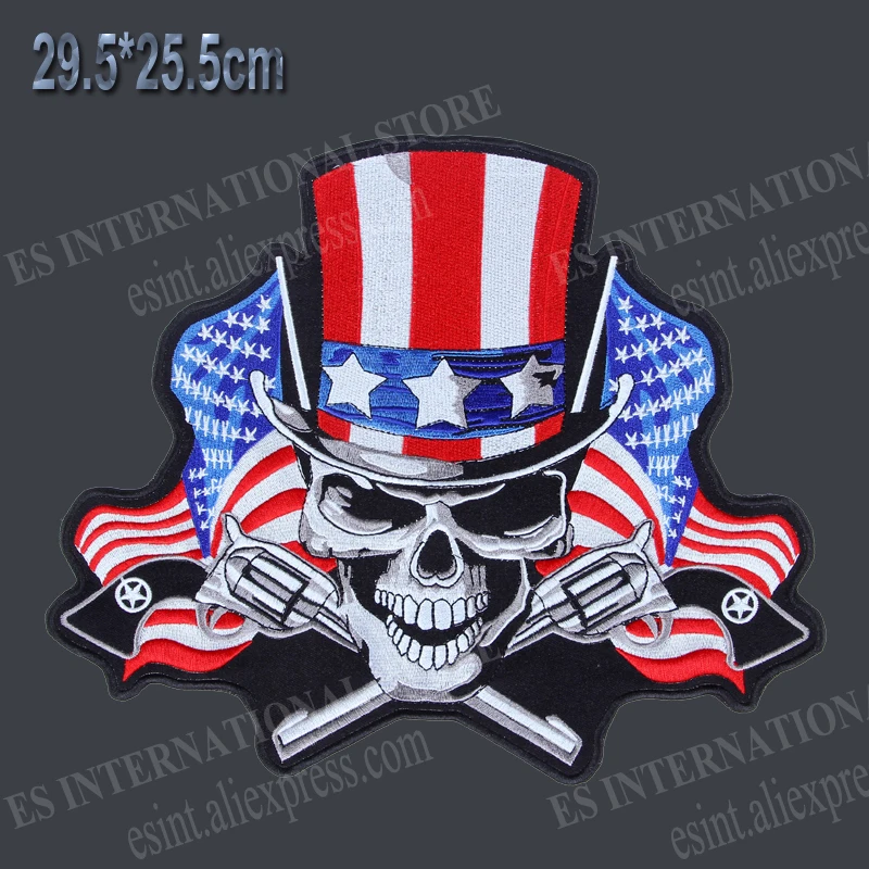 Huge US Flag top hat Skull with double Guns 11.6'' inches  Embroidery Patches for Jacket Back Vest Motorcycle Biker Needwork