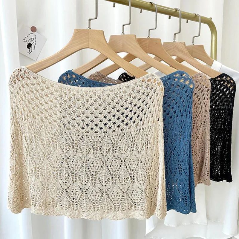 Korean Knit Hollow Crochet Lace Shawl Summer Short Ice Silk Cotton Blouse Pullover Women Fake Collar Neck Guard Cloak Scarf Q53