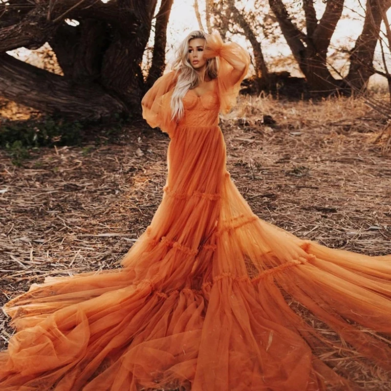 Gorgeous Orange Sleepwear Off Shoulder Long Latern Sleeves Ruffles Tulle Dresses Women Lace Back Tulle Formal Evening Dress