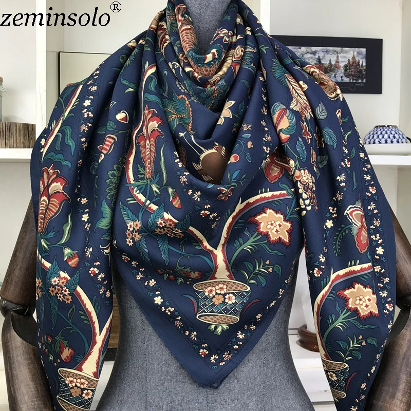 Luxury Brand 100% Twill Silk Scarf Square 130*130cm Scarf Scarves New Design Print Kerchief Women Neck Shawl Wraps Echarpe Hijab