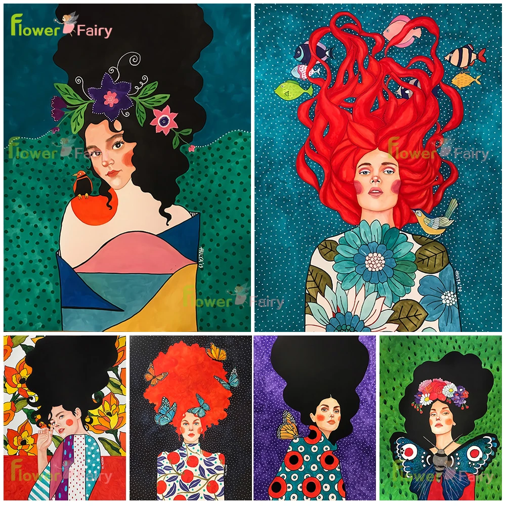 

Abstract Flower Girl Colorful Hair Fishes Nordic Poster Women Wall Art Canvas Painting Wall Pictures For Living Room Unframed