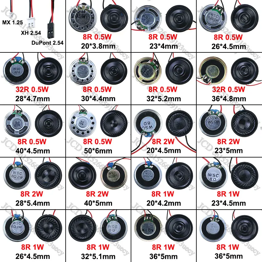 1x 8 32 Ohms 8R 32R 0.5W 1W 2W Diameter 20 23 26 28 30 32 36 40 50 MM Ultra-thin Speaker W/ MX XH DuPont Line 1.25 2.54 Terminal