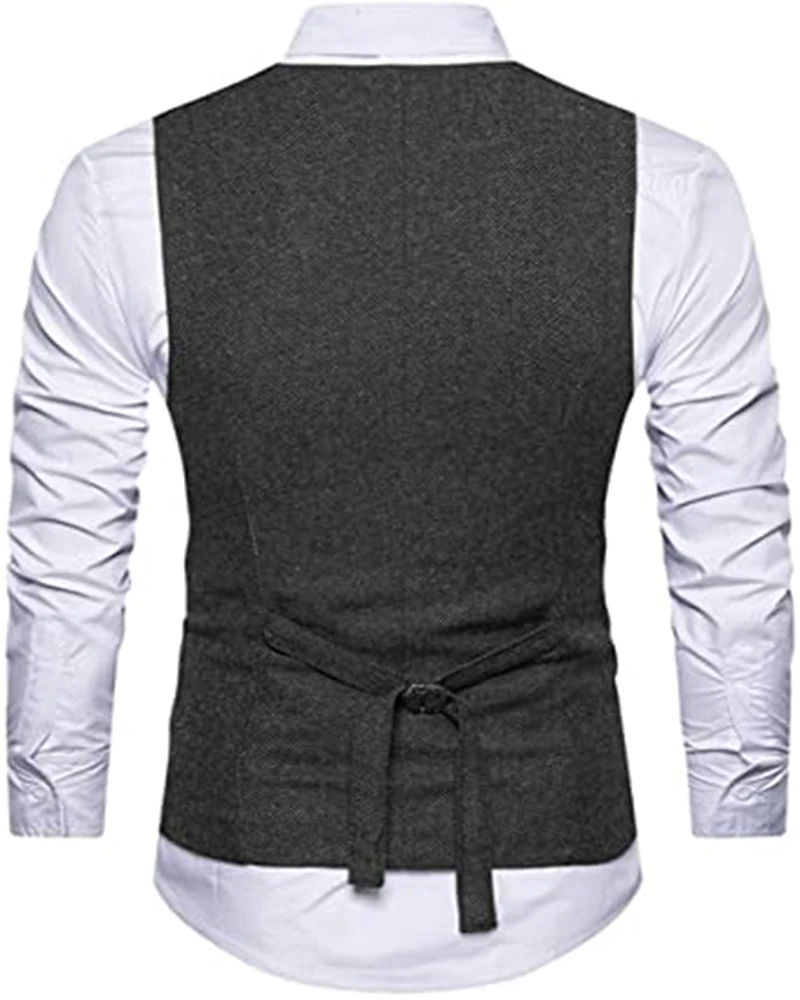 Mens Classic Herringbone Tweed Wool Suit Vest V Neck Slim Fit Waistcoat for Wedding Groomsmen