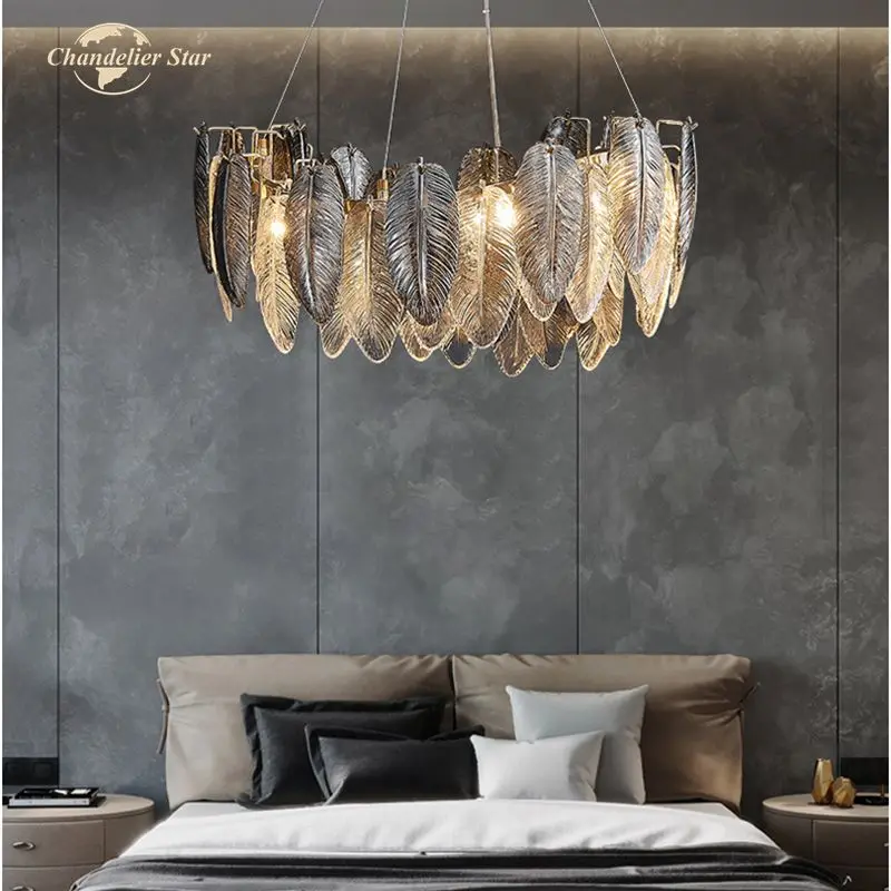 Modern LED Chandeliers Luxury Feather Gray Glass Metal Lamps Lustre Bedroom Living Room Dining Room Indoor Lighting Fixture