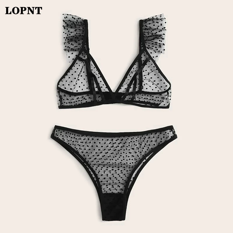 LOPNT Ladies New Bras Set Polka-Dot Sling Sexy Lingeries Lace Three-Point Sexy Suit With Garter Belt Comfortable Lace Underwears