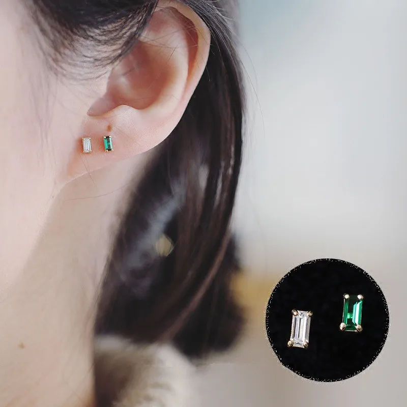 925 Sterling Silver Simple Green Square Zircon Stud Earrings Women Small Cute Wedding 14k Gold Plating Jewelry Girlfriend Gift