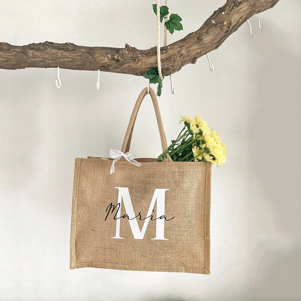 Personalized Tote Bag with Initials Gifts for Mother\'s Day Custom Name Birthday Jute Shopping Bag for Women Unique Beach Bag