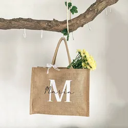 Personalized Tote Bag with Initials Gifts for Mother's Day Custom Name Birthday Jute Shopping Bag for Women Unique Beach Bag