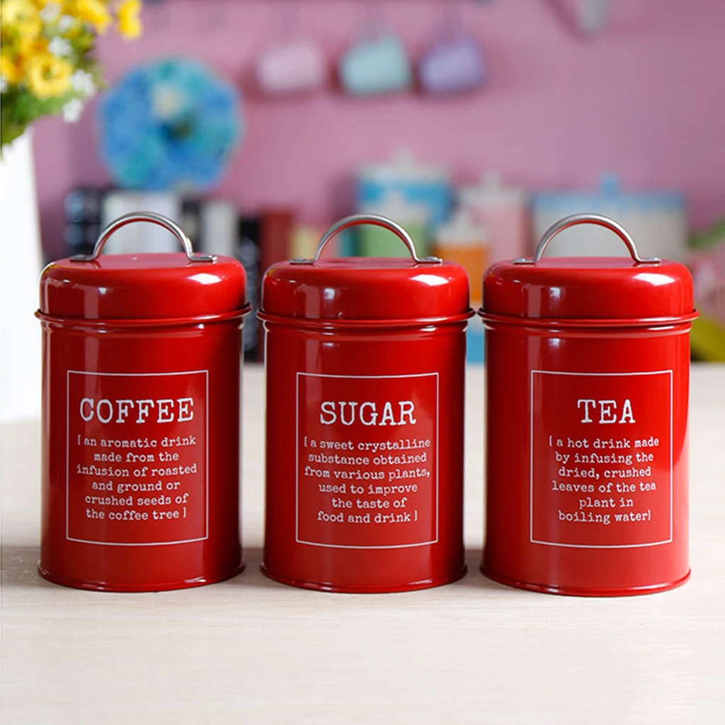 Set Of 3 Tea Coffee Sugar Metal Jar Kitchen Storage Box Food Canister Bins Kitchen Container with Lids