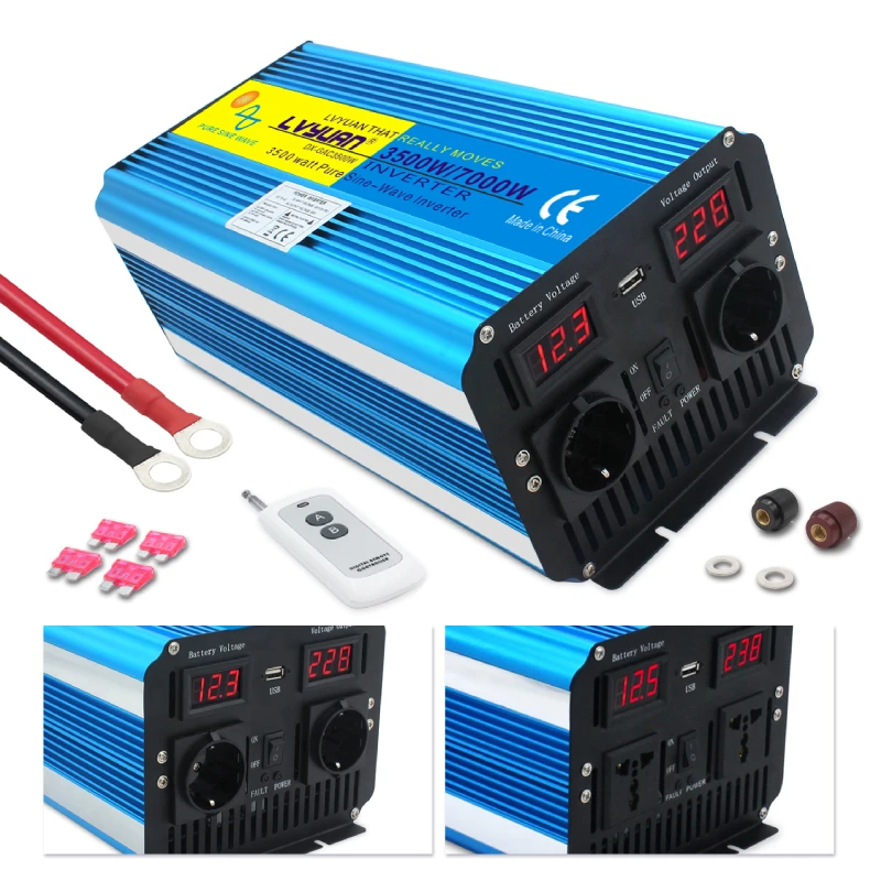 3500W/7000W Pure Sine Wave Inverter DC 12V / 24V to AC 220V 230V 240V Voltage Converter LED Voltage Display Universal EU Socket