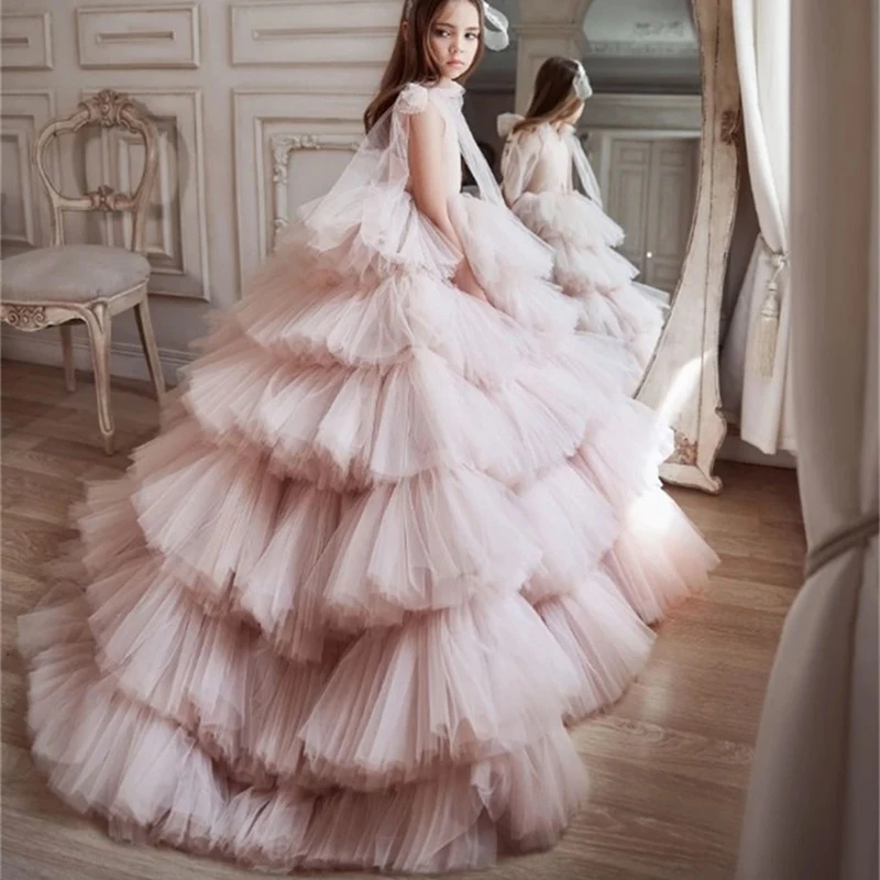 2021 abiti da ragazza di fiore principessa per matrimonio scollo a V increspature gonne a strati abito da ballo per bambini spettacolo abito da prima comunione in Tulle