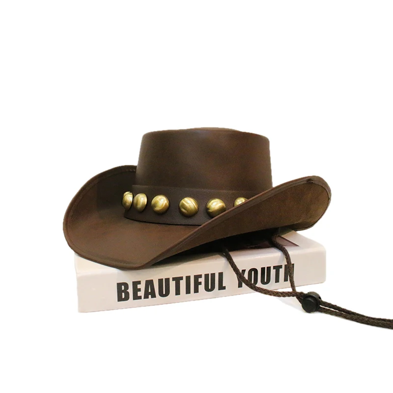 Unisex Women Men Oval Round Top Cap Leather Roll Up Wide Brim Sombrero Sun Cap Beach Cowboy Cowgirl Western Hat 58cm