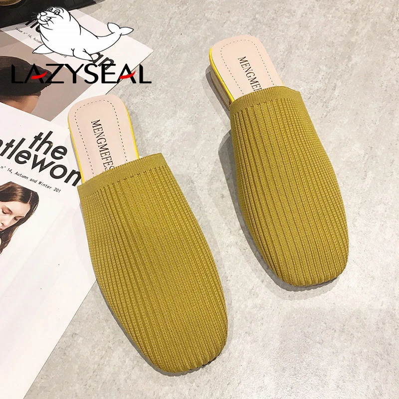 LazySeal Women Mules Knit Fabric Slippers Med Chunky Heel Casual Summer Stretch Fabric Heels Sandals Women Slides Pumps 3 CM