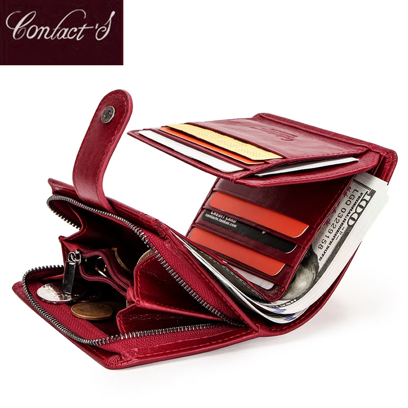 Contact\'S Genuine Leather Wallets Women Men Wallet Short Small RFID Blocking Card Holder Wallets Ladies Red Coin Purse