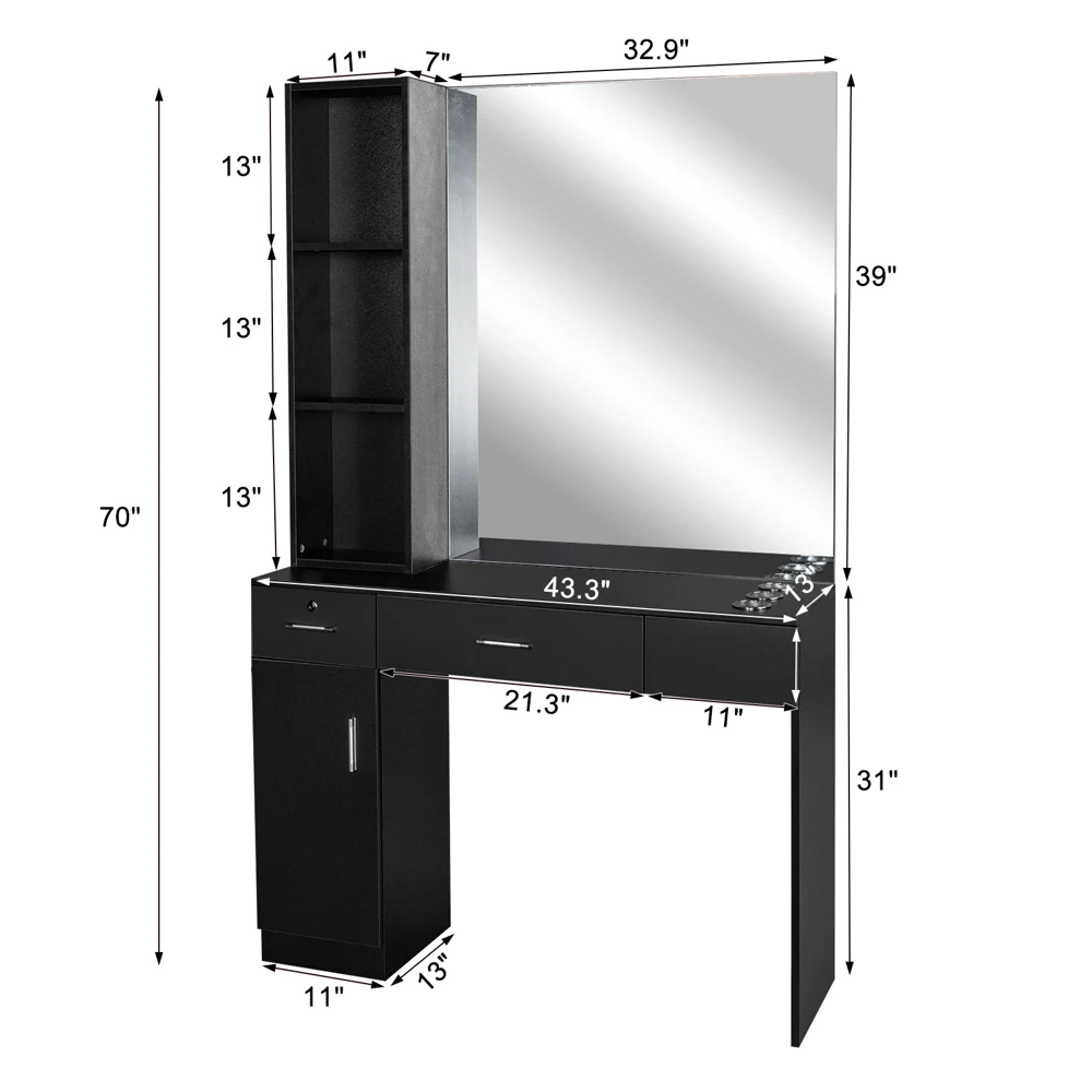 Hairdressing Cabinet W/Lock&Mirror Salon Cabinet 15CM E0 Particleboard Pitted Surface 1 Door 2 Drawers 3 Layers Rack W/Leg[US-W]