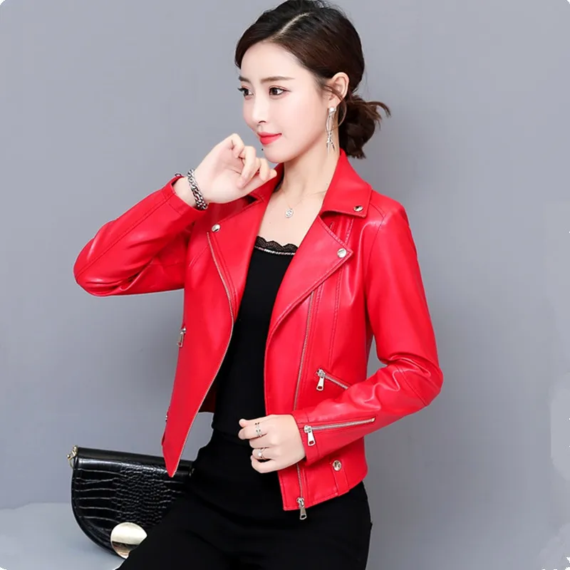 UHYTGF Genuine sheepskin leather autumn leather jacket women zipper V-neck slim Female short coat 4XL Big size biker jacket 823