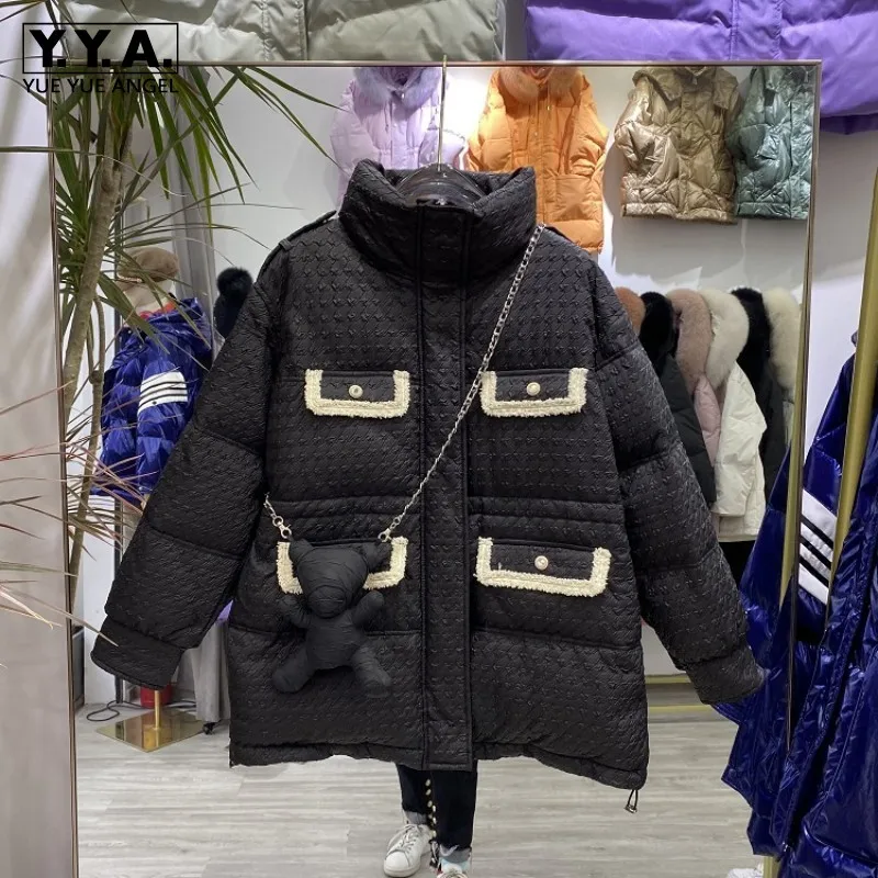 Women Tweed Down Jacket Stand Collar Fashion Thick White Duck Down Coat Sweet Office Multi-Pockets Straight Short Overcoat