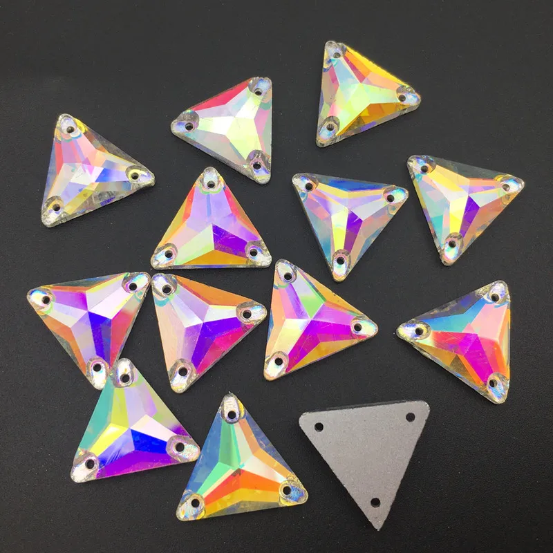 3270 12 16 22 mm AB Triangle Glitter Glass 3 Holes Flatback Beads Stones Sew On Crystal Sewing Rhinestones For Needlework