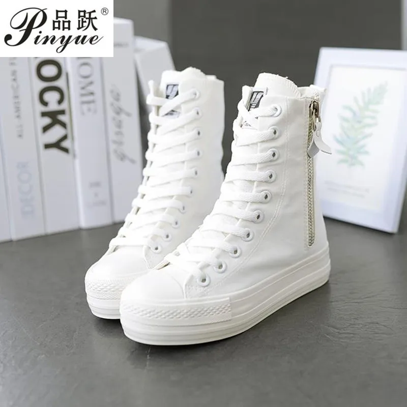 Women Sneakers High Top Flat Canvas Shoes With Zip Side Canvas Shoes Flat Woman Platform Leisure boots