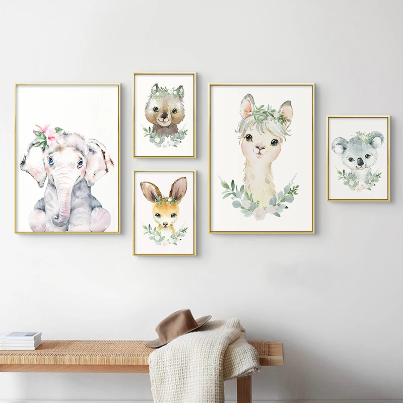 

Watercolor Animal Print Canvas Poster Elephant Cute Cartoon Wall Art Picture Nursery Decorative Painting Kids Baby Room Decor