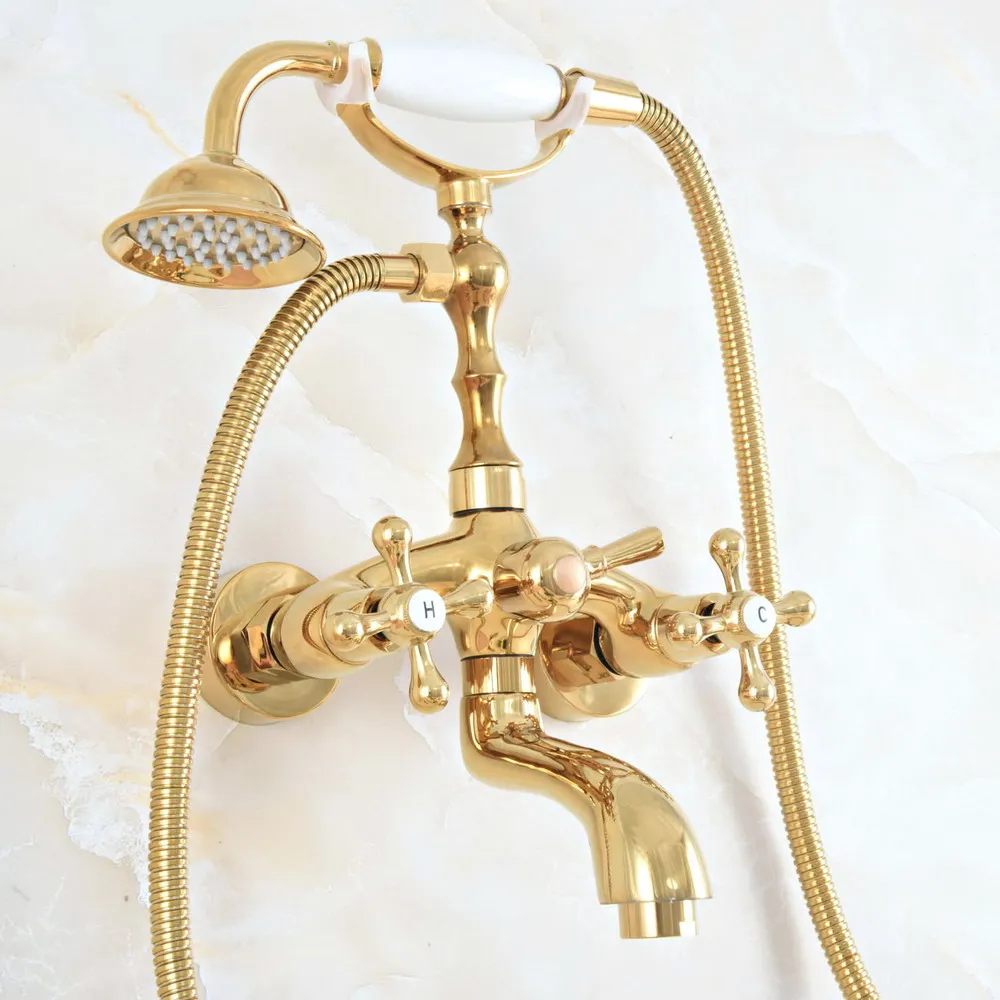 Luxury Polished Gold Color Brass Bathroom Wall Mounted Clawfoot Tub Faucet Taps Set With Hand Held Shower Head Spray mna803