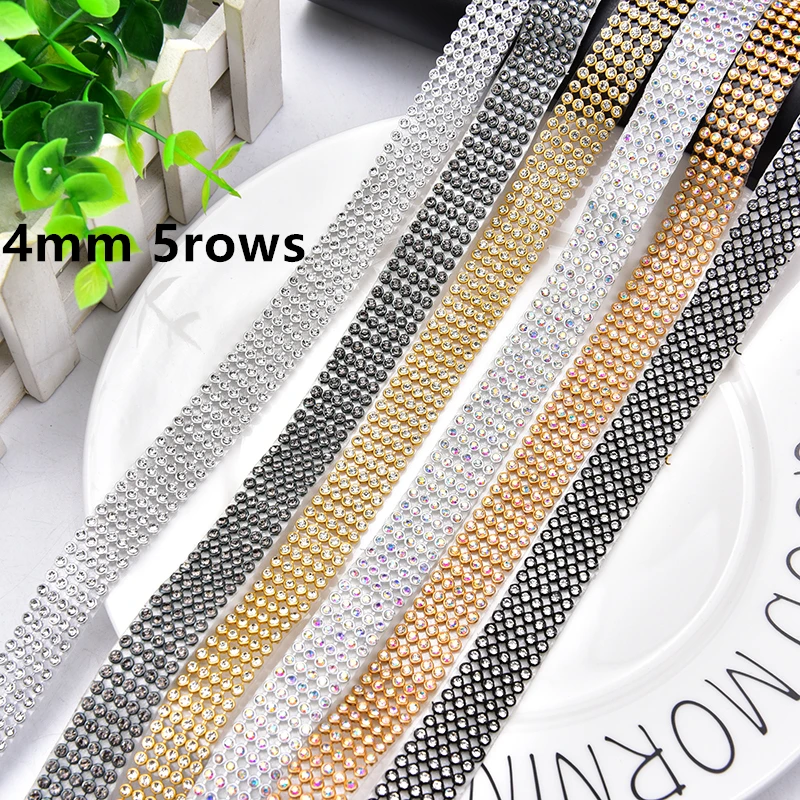 4mm 2/5/10 Rijen Kristalheldere Steen Tape Hot Fix Trim Strass Mesh Aluminium Basis Zelfklevende Netto Banding Voor Bruiloft Decoratie