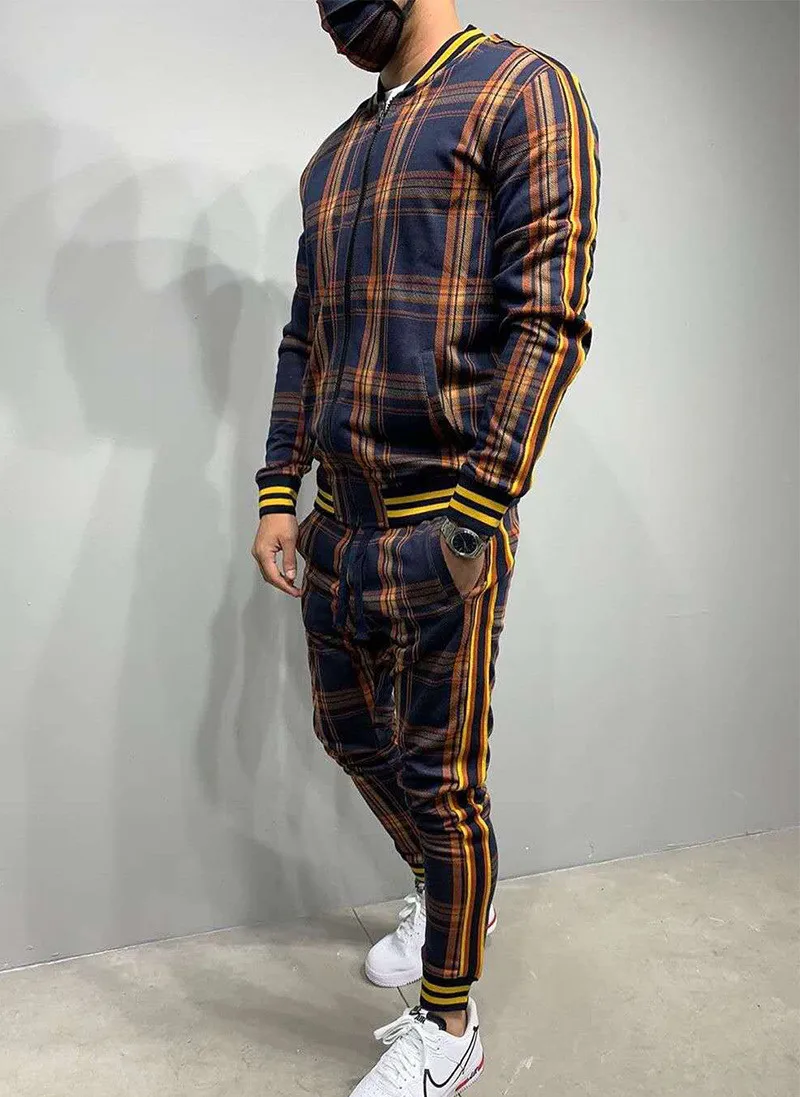 New Gentlemen Tracksuit Men Fashion Sporting Suit Men Sets Brand Plaid Zipper Sweatshirt+Sweatpants Mens Clothing 2 Pieces Sets