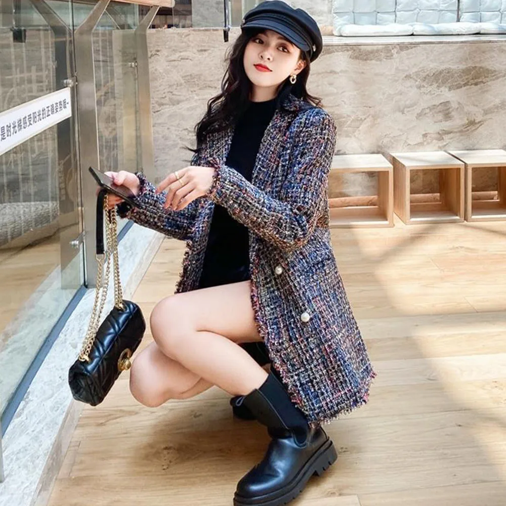 Primavera autunno nuovo stile 2023 piccola fragranza vento temperamento Plaid Tweed giacca donna di media lunghezza tutto-fiammifero cappotto di