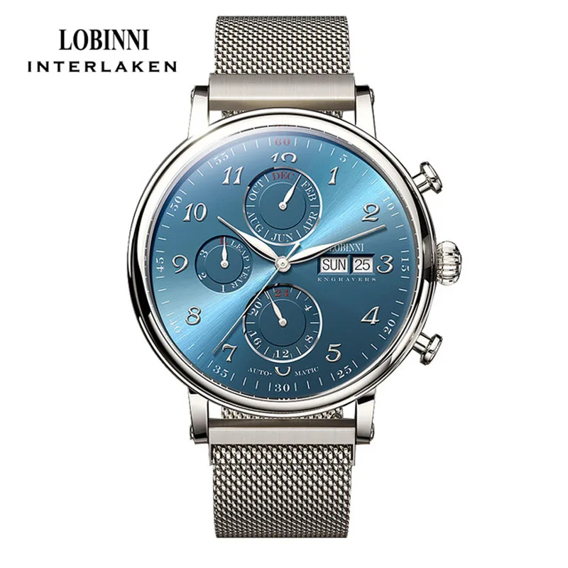 LOBINNI Sapphire Glass Waterproof Watches Mesh Steel Band Mens Automatic Mechanical Watch Date Week Multi Function Wristwatch