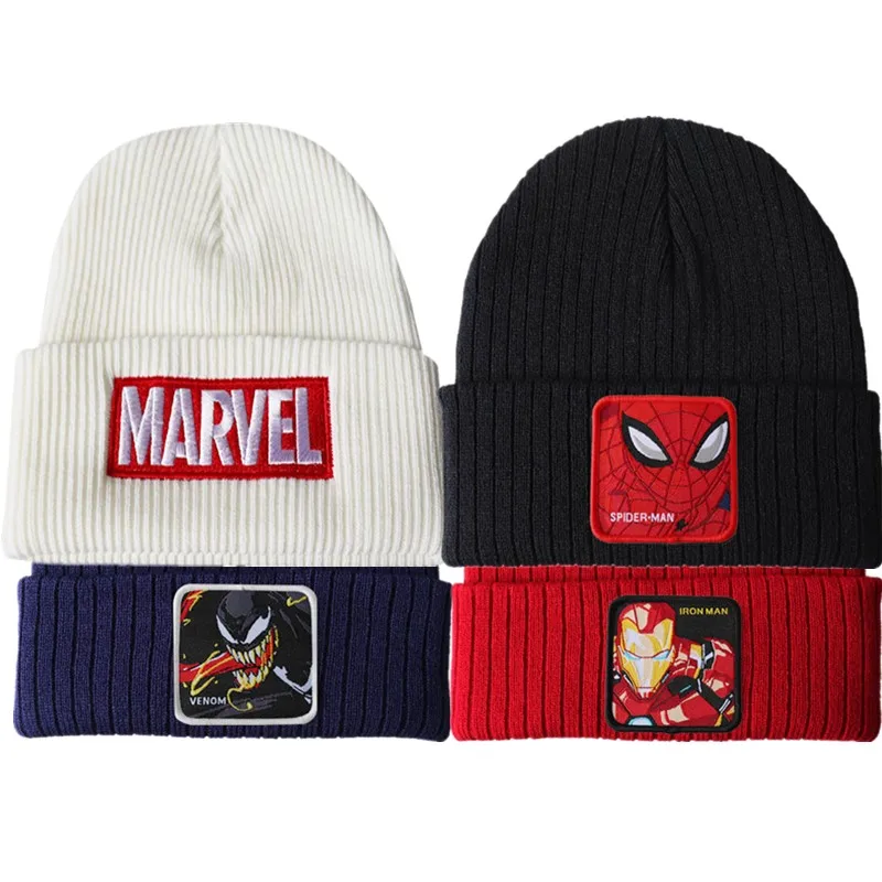 Marvel Children Hats Spiderman Venom Anime Cartoon Embroidered Knitted Hat Woolen Hat Autumn Winter Hat Boys Christmas Gifts