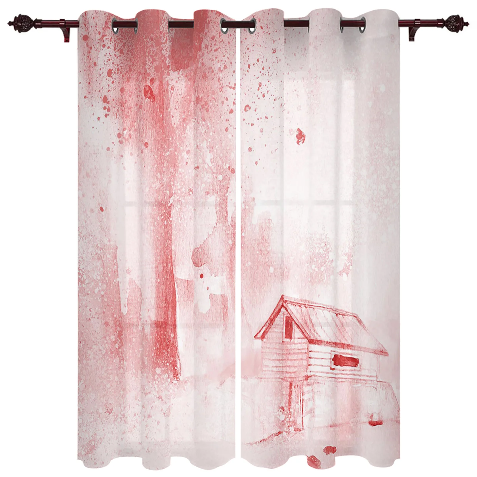 Wooden House Red Tone Living Room Kitchen Bathroom Curtains for Children's Bedroom Window Decoration Hanging Cloth Curtains