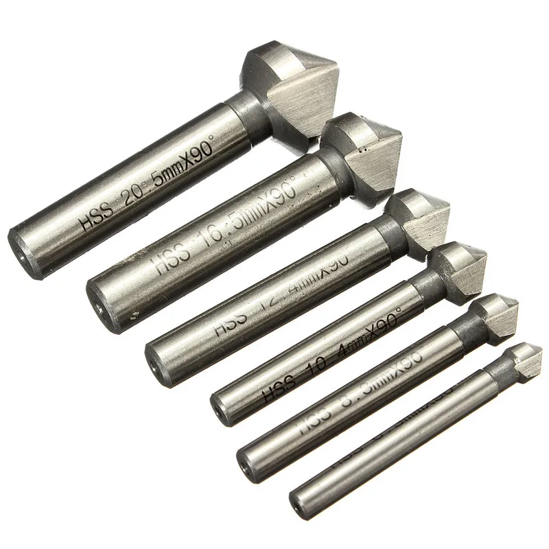 6Pcs 3 flauto 90 gradi HSS smussatura fresa strumento fresa codolo tondo svasatore sbavatura Set di punte da trapano 6.3-20.5mm