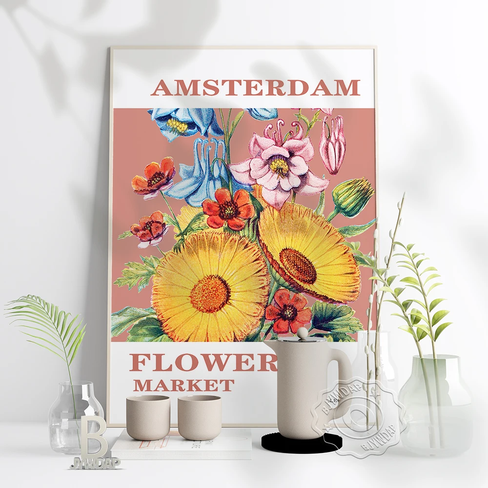 

Amsterdam Flower Market Poster, Netherlands Vintage Flower Print Poster, Colored Drawing Floral Leaf Wall Flower Shop Home Decor